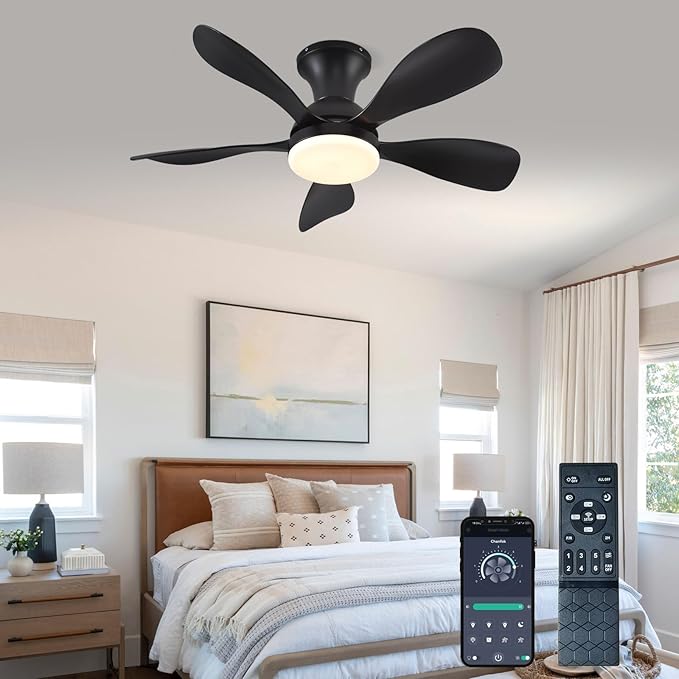 33In Black Low Profile Ceiling Fans with Lights and Remote/APP Control, Modern Flush Mount Ceiling Fan with 5 Reversible Blades for Outdoor Patio,Small Room,Bedroom…