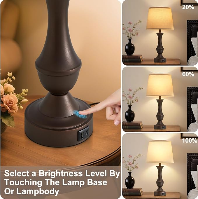 Luvkczc 22" Table Lamp Set of 2 - Vintage Brown Bedside Lamp with Beige Fabric Shade, Dimmable, USB C+A Ports, Nightstand Lamp for Living Room Bedroom (Bulb Included)