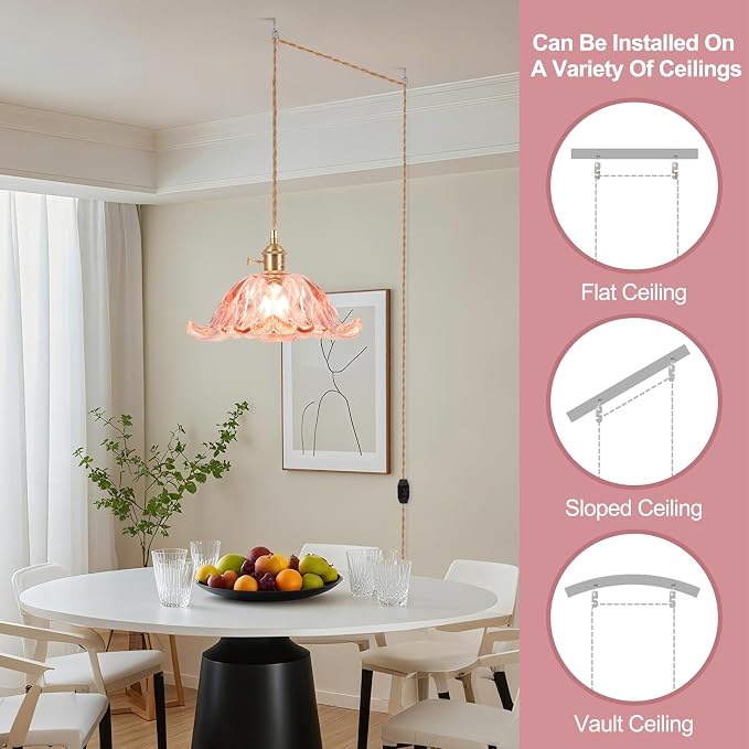 Plug in Pendant Light Fixtures,Hanging Light Fixture Corded On/Off Switch,11 inch E26 Pink Glass Lampshade Pendant Lighting for Kitchen Island, Bedroom, Dining Room