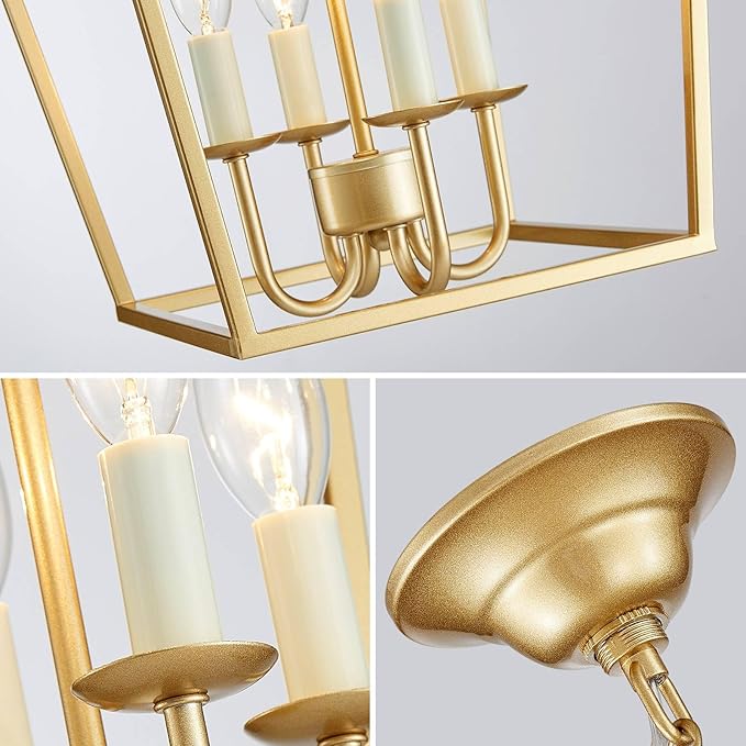 ANJIADENGSHI Vintage Lantern Pendant Light 4 Light Lantern Chandelier Farmhouse Gold Pendant Light for Kitchen Island Entryway Dining Room Hallway Bar Cafe(Bulbs Not Included)