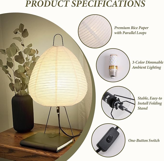 Noguchi Paper Lamp, Akari Floor Lamp, Japanese Lantern Ideal for Bedside, Living Room, and Japandi Décor (Noguchi Table Lamp)