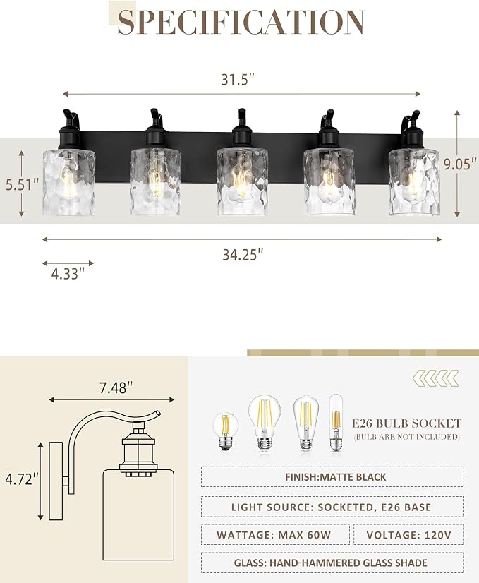5-Light 34 Inch Bathroom Vanity Light,Hammered Glass,Black | Over Mirror Wall Light,E26 sockets,for bathroom mirror,powder room,dressing area,wall-mounted vanity lighting