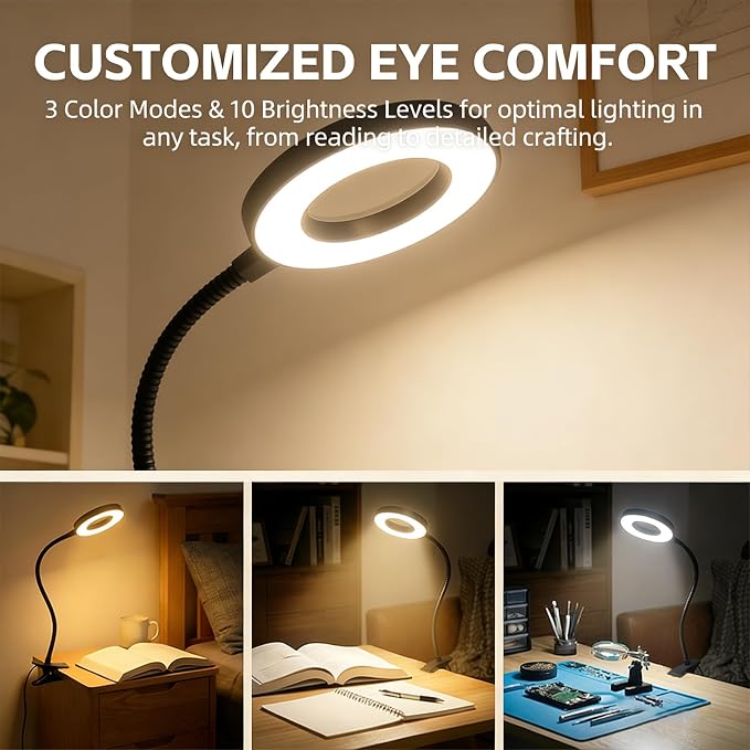 Sunny Power LED Clip On Book Light Eye-Care Bedside Reading Light for Kids | 3 Color Modes,10 Brightness Levels Flexible Arm Night Light,USB Powered Books in Bed, Table Lamp for Home Office Dorm