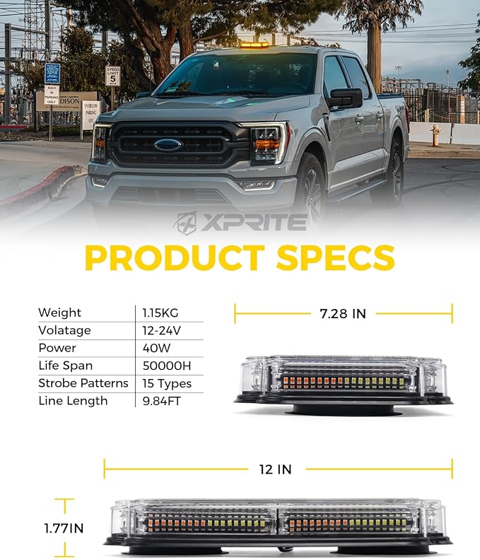 Xprite 300% Bright 108 LED Roof Top Strobe Light, US Flag Pattern Emergency Safety Warning Mini LED Strobe Lightbar w/Magnetic Base for 12-24V Construction Vehicles, Trucks, Snow Plows, Amber