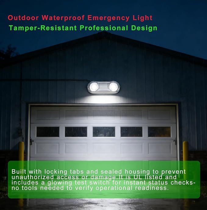 Outdoor Wet Location Emergency Light, Waterproof LED with Battery Backup, Adjustable Heads, UL-Listed, 120-277 Commercial Hardwired Emergency Lighting GN-10WL