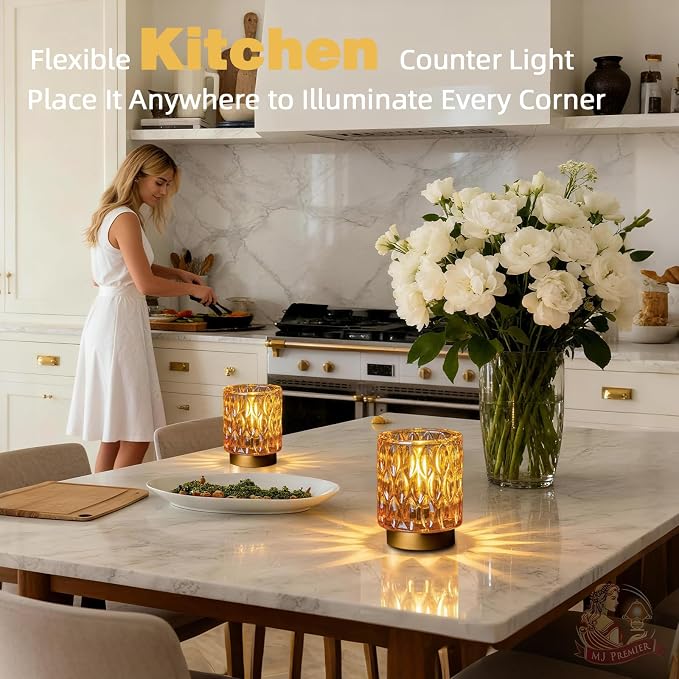 Battery Operated Table Lamp Timer, Small Cordless Lamps Decorative, 2 Amber | Mini Crystal Lamp for Area No Plug, LED Battery Powered Lamps Wireless, Glass Accent Light for Bathroom Fireplace Shelf Decor