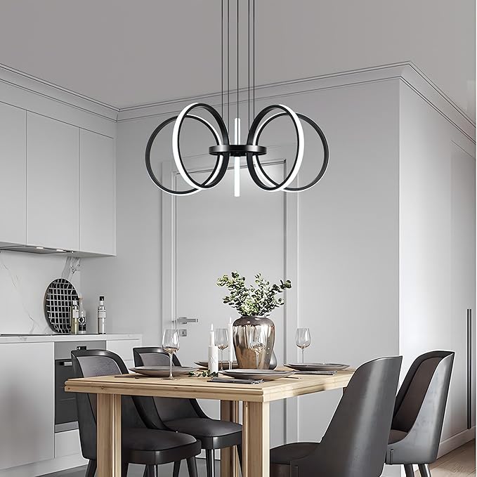 Mayful Modern LED Chandelier, Black Pendant Light with 5 Rings, Adjustable Height Modern Chandeliers for Dining Room Living Room Kitchen Bedroom Entryway,6000K Daylight