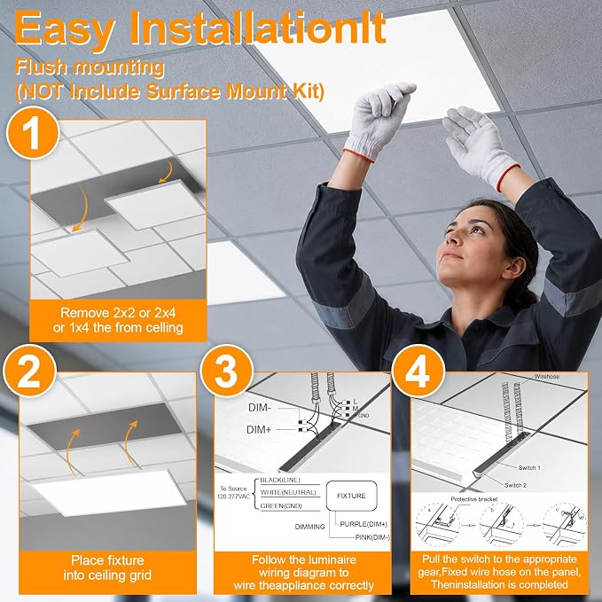 4 Pack 1x4 LED Flat Panel Light Drop Ceiling Office Fixture 5 CCT 3000K-6500K Adjustable & 5 Wattage 15W-20W-30W-40W-50W Selectable, 0-10V Dimmable，Flush Mount Ceiling Light