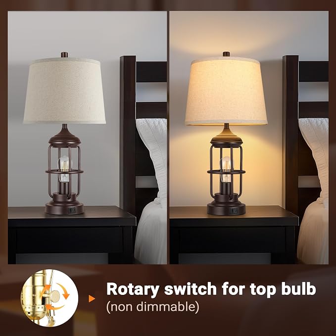 QiMH 23" Table Lamps Set of 2, Farmhouse Industrial Bedside Lamp | 3-Way Dimmable Touch Control, Rustic Nightstand Lamp for Bedroom, USB A+C Ports, Night Light, 2700K Bulb Included