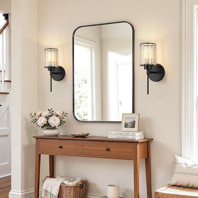 Modern Wall Sconces Set of 2, Matte Black Wall Lights with Clear K9 Crystal Shades, Bathroom Vanity Lights for Bedroom, Living Room, Hallway