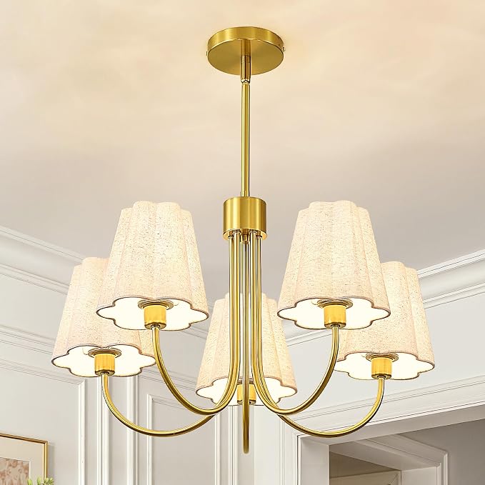 RUIYEY Modern Dining Room Chandelier - 23" 5-Light Black Chandeliers Over Table with Fabric Shades, Adjustable Hanging Dining Room Light Fixture, E12 Hardwired Ceiling Light for Bedroom Living Room