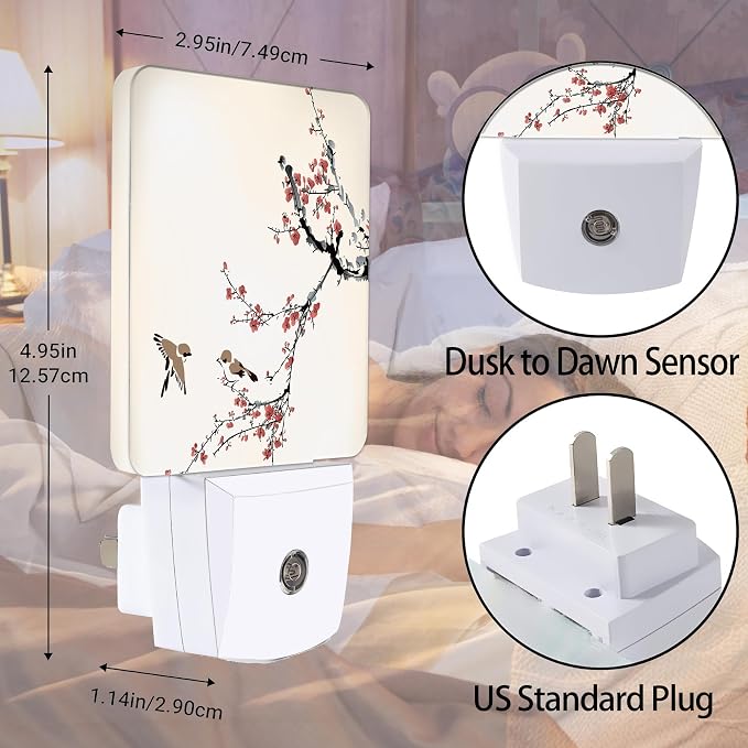 Retro Bird Night Light, Cherry Blossoms Night Lights Plug into Wall Decor for Bedroom, Bathroom, Hallway, Kitchen, Dusk to Dawn Sensor Nightlights for Boys Girls Women Men Room Gifts