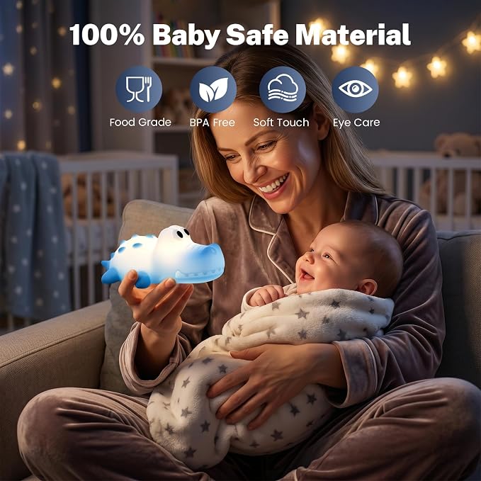 AVEKI Night Light for Kids, Baby Alligator Night Light with Dimmable Warm Light & RGB Mode, Soft Silicone Touch Lamp with 30M Timer, Rechargeable Crocodile Light for Nursery Kids Room