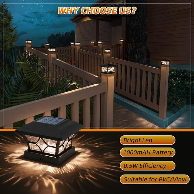 APONUO Solar Post Cap Lights 8 Pack with 1000mAh Battery - for 4x4 5x5 6x6 Fences, Larger Size & Longer Lasting, 2-Mode, IP64 Waterproof, for Fence Deck Patio Porch Yard (Black)