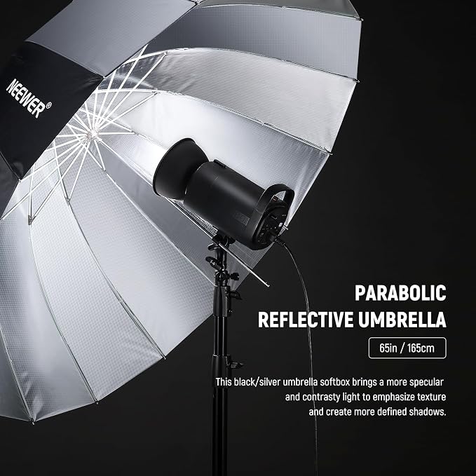 NEEWER 65"/165cm Parabolic Reflective Umbrella Photography with Silver Inner, Soft Lighting with Diffuser Cover, Bag, Quick Fold for Camera Photo Studio Video Light Shooting Monolight Flash, NS3U