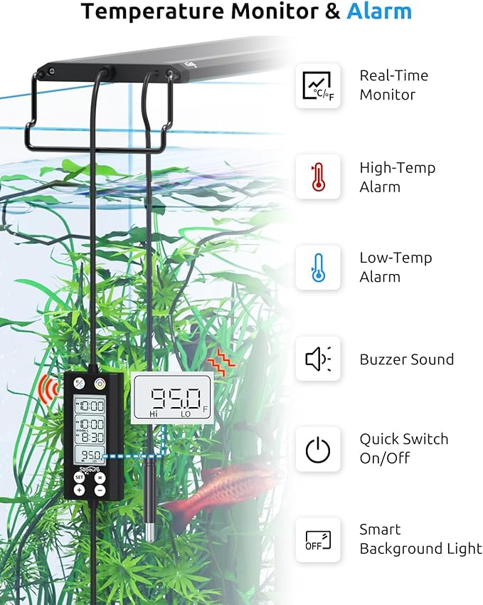 SEAOURA WRGB DIY Aquarium LED Light with Thermometer for 18-24in Fish Tank | high PAR full spectrum, 9 colors+20 dimming, 3 timers+memory, temp alarm, adjustable bracket, aluminum shell, SR-659