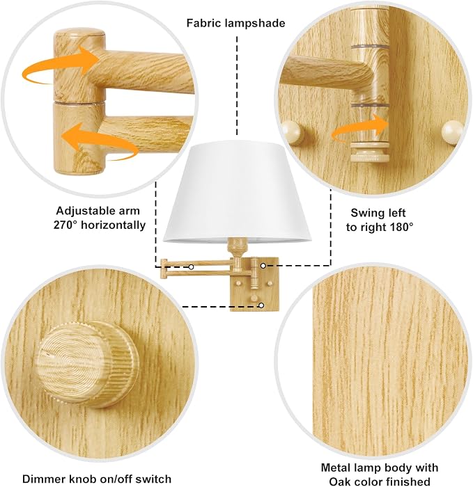 TRLIFE Remote Control Dimmable Wall Sconce, Adjustable Color Temperature 2700K-6500K Brushed Brass Swing Arm Wall Lights with Plug in Cord, 11.8" Large White Shade(2 Pack, Oak Color)