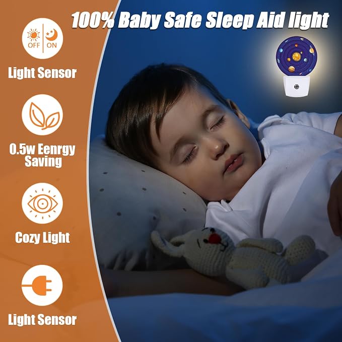 Cartoon Planets Night Light,Space Nightlight Plug into Wall LED Lamp Auto Sensor Dusk to Dawn for Bedrooms/Kitchens/Toilets/Corridors,Energy-Saving