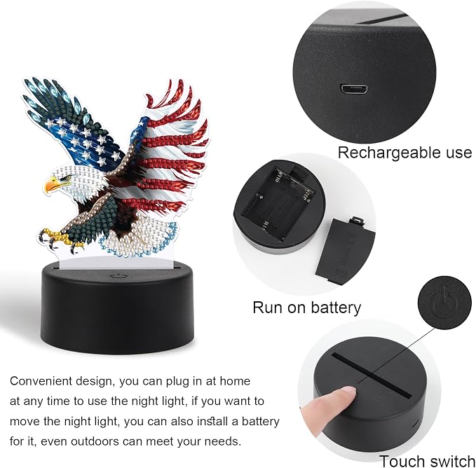 JISHSHAY Diamond Painting Night Light Diamond Art Table Lamps Gem Art LED Lights Gem Painting Desk Lamp Mosaic Kits for Adults DIY Kits for Adults with Special Shaped American Flag Eagle