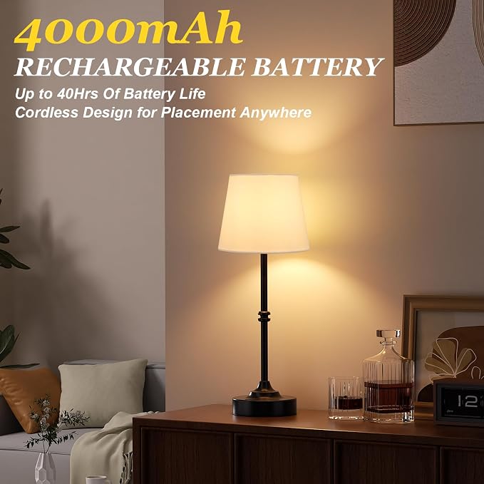Kakanuo Rechargeable Cordless Table Lamp Black - 2 Pack 4000mAh Battery Operated Lamp, 3000K Warm Light, Touch Control Stepless Dimming, for Bedside, Dining Table, Home Decor