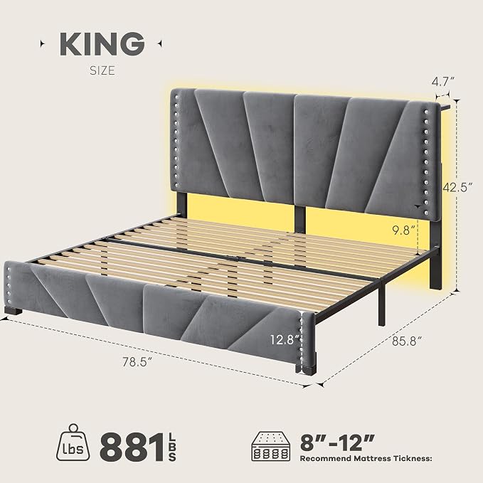 EnHomee King Size Bed Frame with LED Lights & USB, Noise-Free, Grey | Adjustable Velvet Headboard，Under-Bed Storage，Heavy Duty Support with 12 Slats，No Box Spring Needed，Easy Assembly for Bedroom