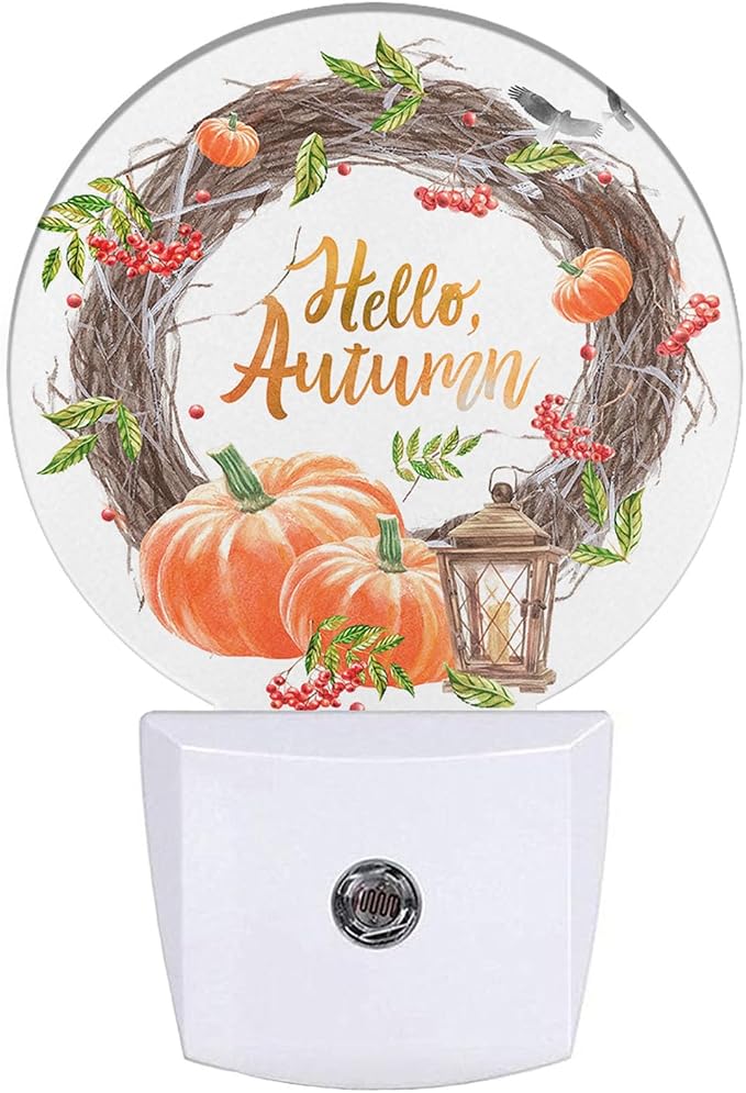 Hello Autumn Plug-in Nightlight Maple Branch Wreath Pumpkin Rowan Autumn Berries Leaves Fall Night Light Auto Dusk-to-Dawn Sensor LED for Men Women Boys Girls, LEDLAMP3018