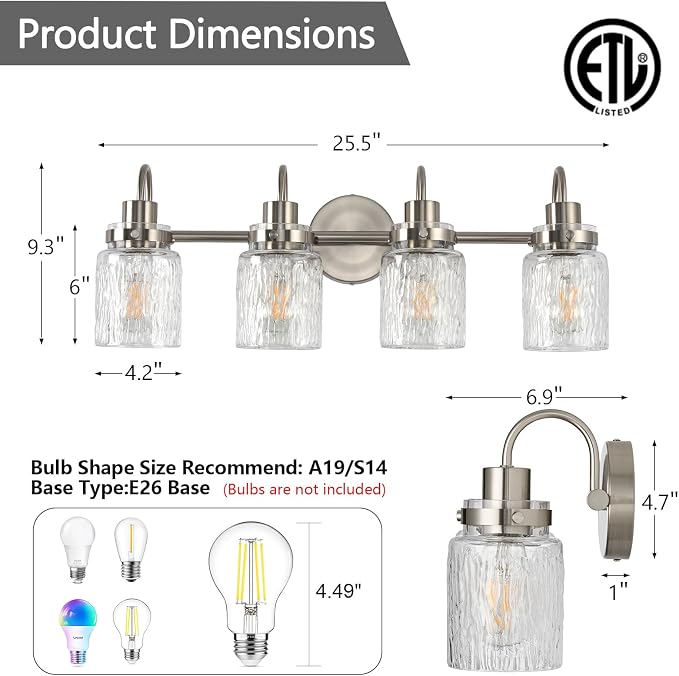 4 Lights Hammered Glass Bathroom Vanity Light,Brushed Nickel | Easy Installation,Up or Down,Farmhouse Modern Style,E26 Socket,ETL Certification