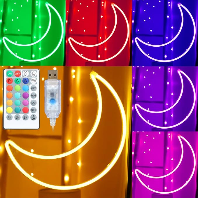 LED RGB Moon Neon Sign Light, Battery or USB Powered 5V Cute Room Decor | 16 Color Change Art Decorative Night Lights Decorationsfor Girls, Window, Wall, Home, Bedroom, Office, Dorm, Party, Wedding