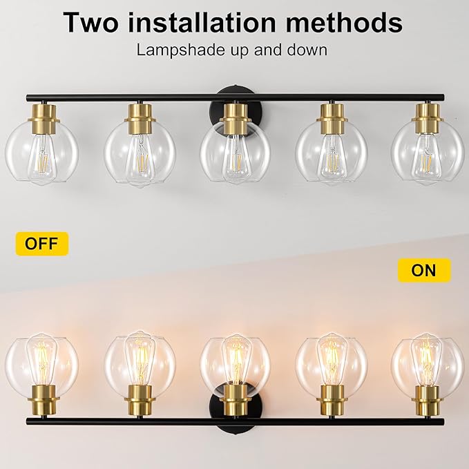 Bathroom Light Fixtures Over Mirror 5-Lights Bathroom Vanity Light with Clear Globe Glass Shade 37.4 inch Modern Black and Gold Vanity Lights Wall Sconce Lighting for Bath