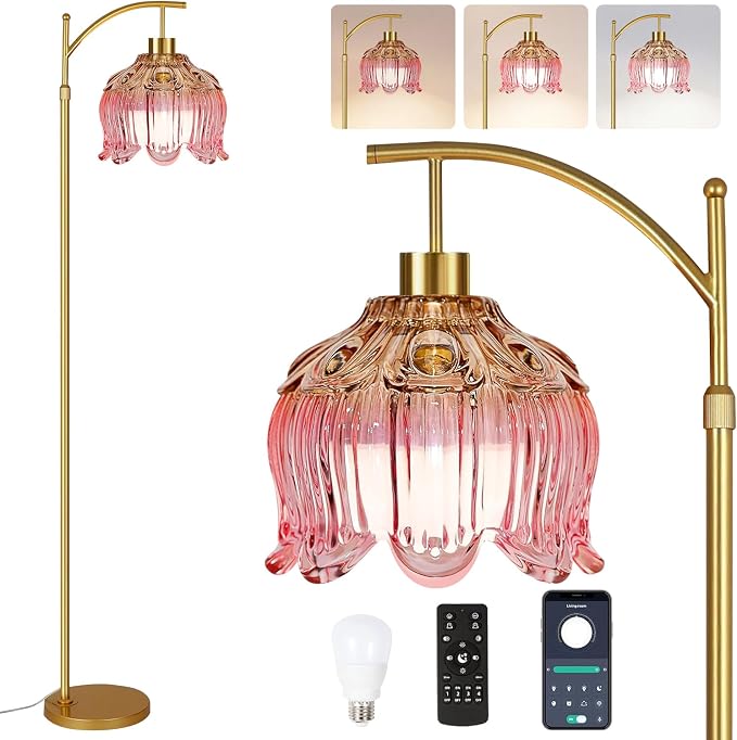 ILLMTW Pink Floor Lamp for Living Room,Bedroom,Glass Mid Century Modern Standing Lamp with Remote,Dimmable Gold Brass Tall Lamp Tulip Flower Arc Floor Light Boho Bohemian