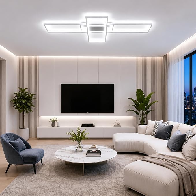 GEADI 60.2" Extra Large Modern LED Ceiling Light, Dimmable Chandelier | 112W White Geometric Flush Mount Ceiling Lamp with Remote, 3000K-6500K Dimming, Memory, Chandelier for Living Room