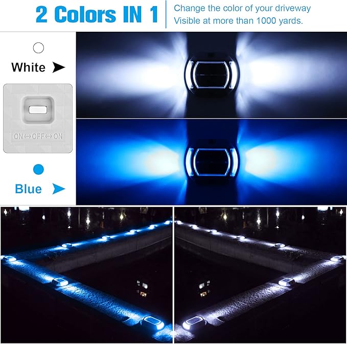 VOLISUN Solar Driveway Lights Dock Deck Lights 12 Pack,2 Colors in 1, LED Solar Powered Waterproof Outdoor Warning Step Light for Driveway Sidewalk Pathway (White/Blue),Auto On/Off