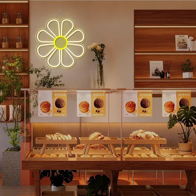 Flower Neon Sign Cute Daisy Dimmable LED Window Light for Bedroom Decor | 12.6IN*12.6IN,Five level brightness adjustment,USB powered,For Bar,Club,Pub,Living room,Bedroom,Restaurant,Beach Bungalow