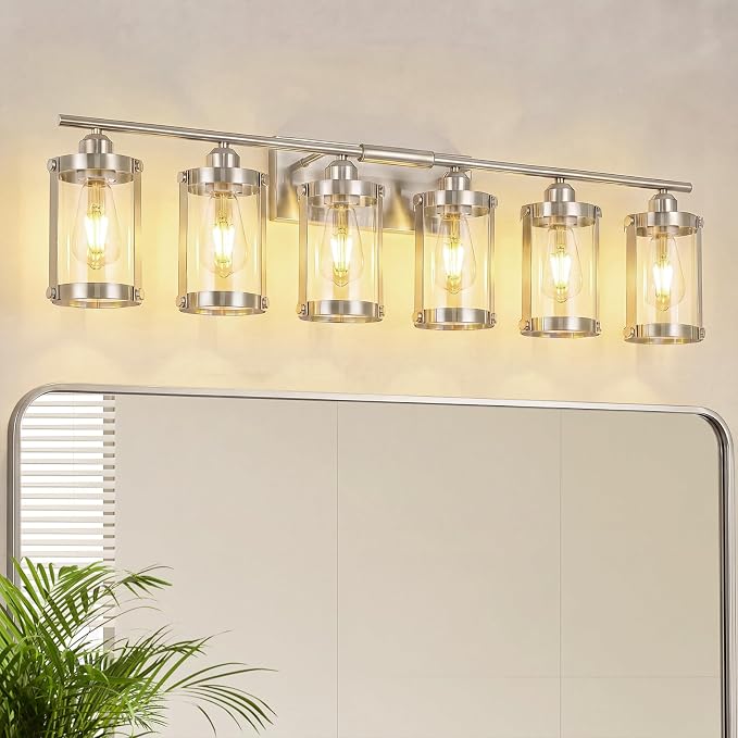 6-Light Brushed Nickel Bathroom Light Fixtures Over Mirror with Clear Glass and Metal Cage Shade, 42" UL-Listed Modern Farmhouse Wall Sconce for Bath, Hardwire E26, OS-3014BN-6W