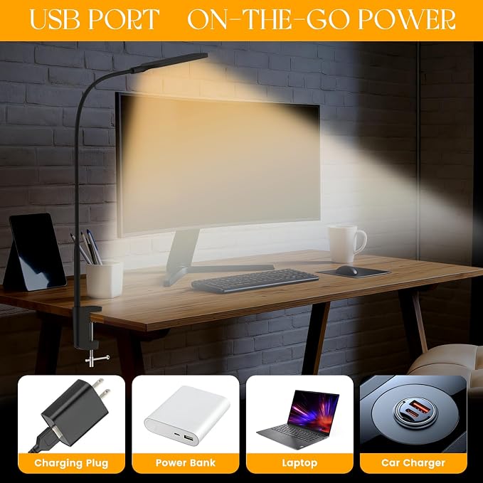 LED Desk Lamp with Clamp, 3 Color Modes 10 Brightness Levels, Long Flexible Gooseneck, Ultra Wide Brightness Range, led Clip Desk lamp, USB Eye-Caring Clip on Lights for Home Office, Black