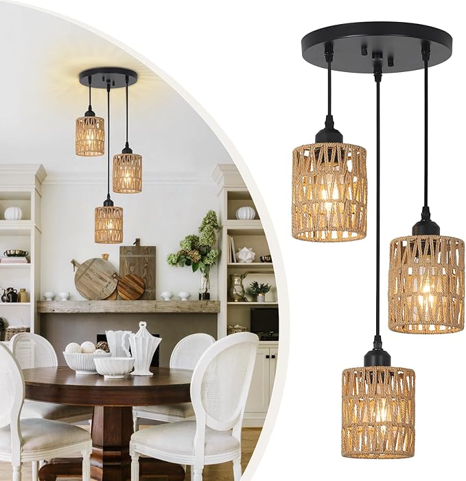 3 Lights Rattan Pendant Light, Farmhouse Dining Room Light Fixtures Ceiling Hanging, Boho Pendant Lighting with Hand Woven Wicker Shades for Kitchen Island Living Room Bedroom Foyer Hallway
