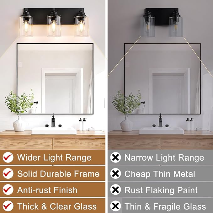 3-Light Matte Black Bathroom Vanity Light, Clear Glass Shade | 18.8" Wall Mount Over Mirror Lighting Fixtures, Durable Metal, Modern Farmhouse Style, for Bathroom, Bedroom, Easy To Install