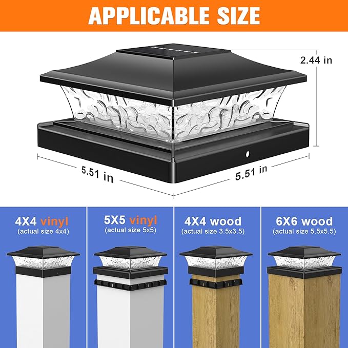 APONUO Solar Post Cap Lights with 8 RGB Solid Colors & Multicolor Flow - 8 Pack 6x6 Post Cap Solar Light, IP65 Waterproof - Fits 4x4 5x5 6x6 Wood & Vinyl Posts - Black