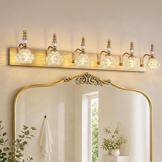 Modern Glass Crystal Vanity Light - Vintage Bathroom Lighting Fixtures Over Mirror, 6 Light Vanity Lights G9 Bulb (43.3 Inch,Brass)