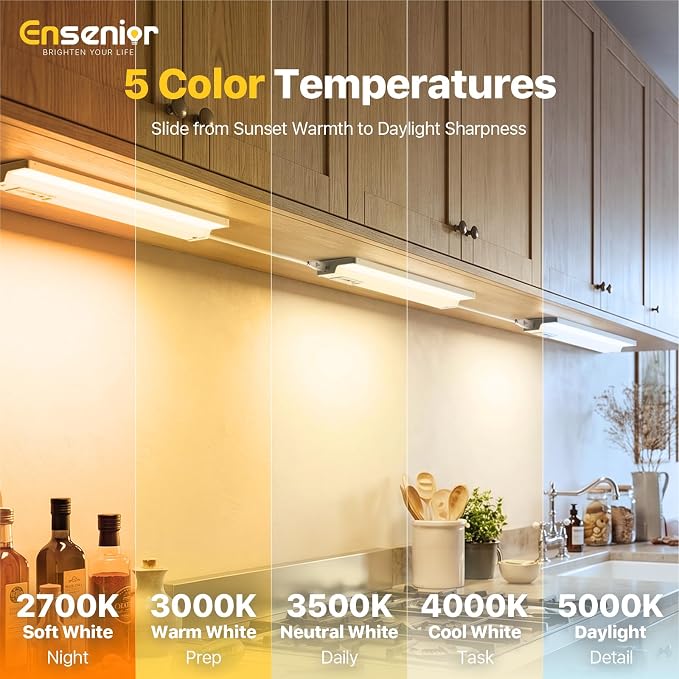 Ensenior Plug in or Hardwired Under Cabinet Lighting, 12 Inch 8W, 2 Pack | Heat-dissipating Aluminum, Built-in Switch & 4-Level Dimmer, 5 Colors, 2 Link Options, True-Color CRI90+, Moisture-Proof, FCC