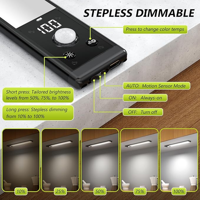 6 Pack 12" Under Cabinet Lights with Digital Display,2200mAh Rechargeable Motion Sensor Light Indoor,3 Color Temperatures, Magnetic Dimmable Closet Lights, Under Counter Light for Kitchen