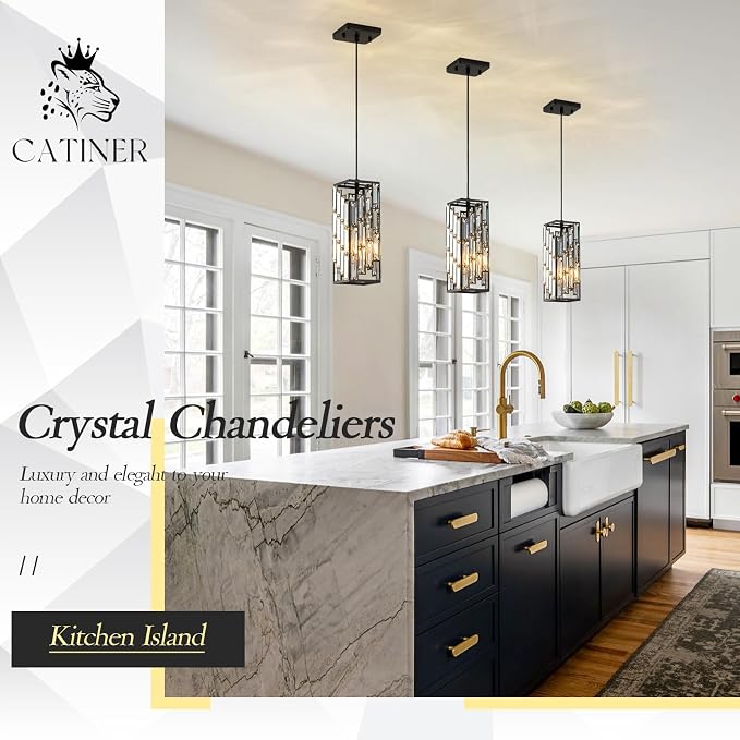 CATINER Black Crystal Pendant Light, Mini Hanging Light, E26 | Black crystal pendant light with adjustable 59" cord, E26 base, dimmable, ideal for kitchen island lighting