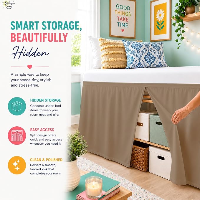 Cottington Lane Tailored Box Pleated College Dorm Bed Skirt Twin XL, Hotel Quality Premium Brushed Microfiber Extra Long Bedskirt Twin XL 36 Inch Drop, Taupe Dorm Bedding
