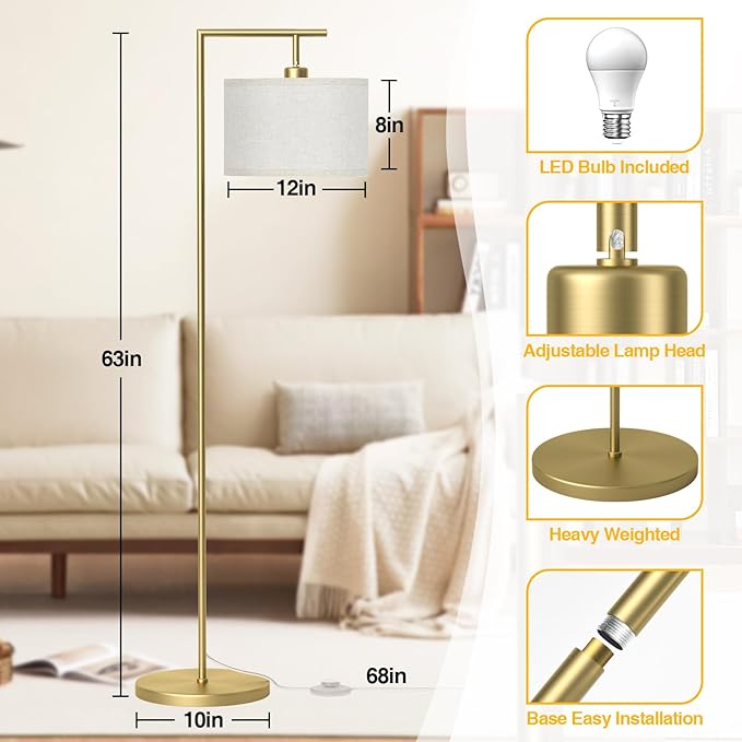 63" Gold Floor Lamp for Living Room, Modern Standing Lamp, 1 Pack | 3 Color Temperatures, Adjustable Beige Linen Lampshade, For Living Room Bedroom Office Classroom Dorm, 9W LED Bulb Included