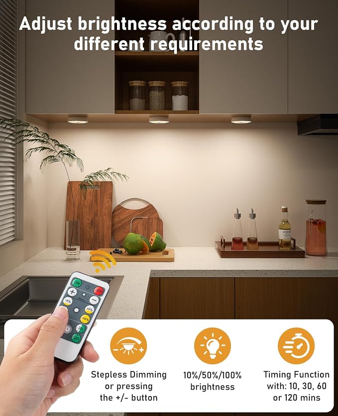 Motion Sensor Closet Lights, USB-C Rechargeable Under Cabinet Puck Lighting with 3 Color Temperatures & Charge Station, Dimmable Battery Powered Step Lights for Kitchen,Stairs,Wardrobe
