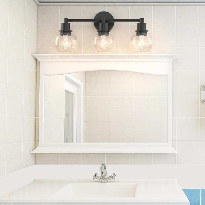 3 Lights Bathroom Vanity Light Fixtures Black, Bathroom Lights Over Mirror, Industrial and Farmhouse 3 Lights Wall Sconce, Matte Black Globe Vanity Lighting Fixtures