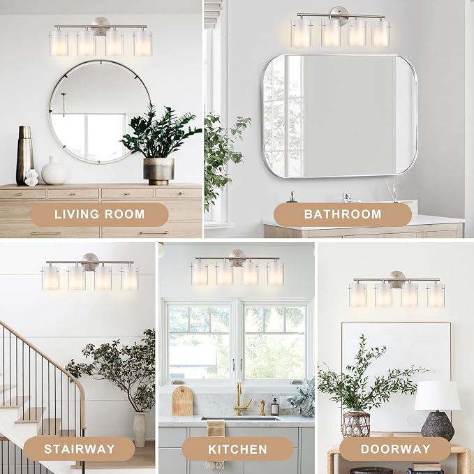 Brushed Nickel Bathroom Light Fixtures Over Mirror, 4-Light 26-Inch Vanity Lights with Dual Glass Shades, Eye-Friendly Modern Vanity Lights for Bathroom Bedroom Living Room Hallway