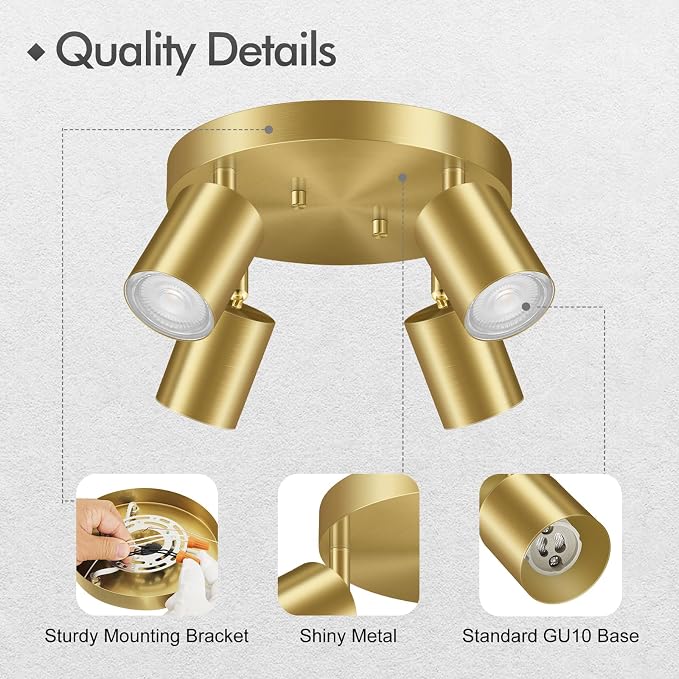 LED 4 Light Track Lighting Kit, LED Track Lighting Fixtures, Gold Round Ceiling Spot Lighting, Flexibly Rotatable Light Head for Kitchen, Living Room, Bedroom, GU10 Bulb Not Included