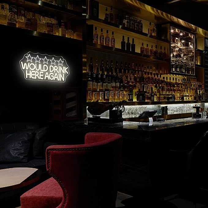 Would Drink Here Again Neon Sign, Dimmable Neon light Funny 5 Star LED Bar Wall Light Drinking Bar Light Sign for Beer Pub Restaurant Cafe Lounge Decor Gift(14.1 * 6.7in)