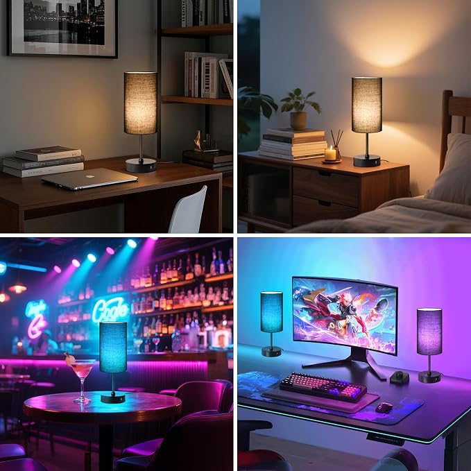 Table Lamp with 3 CCT (3000K/4500K/6500K), Stepless Dimmable Bedside Lamp with 7 Color Changing, Modern Nightstand Light with Black Shade for Bedroom, Kids Room, Home, Office